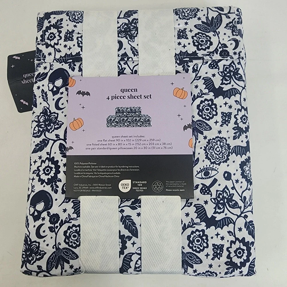 Peri Home Queen Sheet Set White Navy Gothic Skulls Bats Halloween Toile 4pc NEW